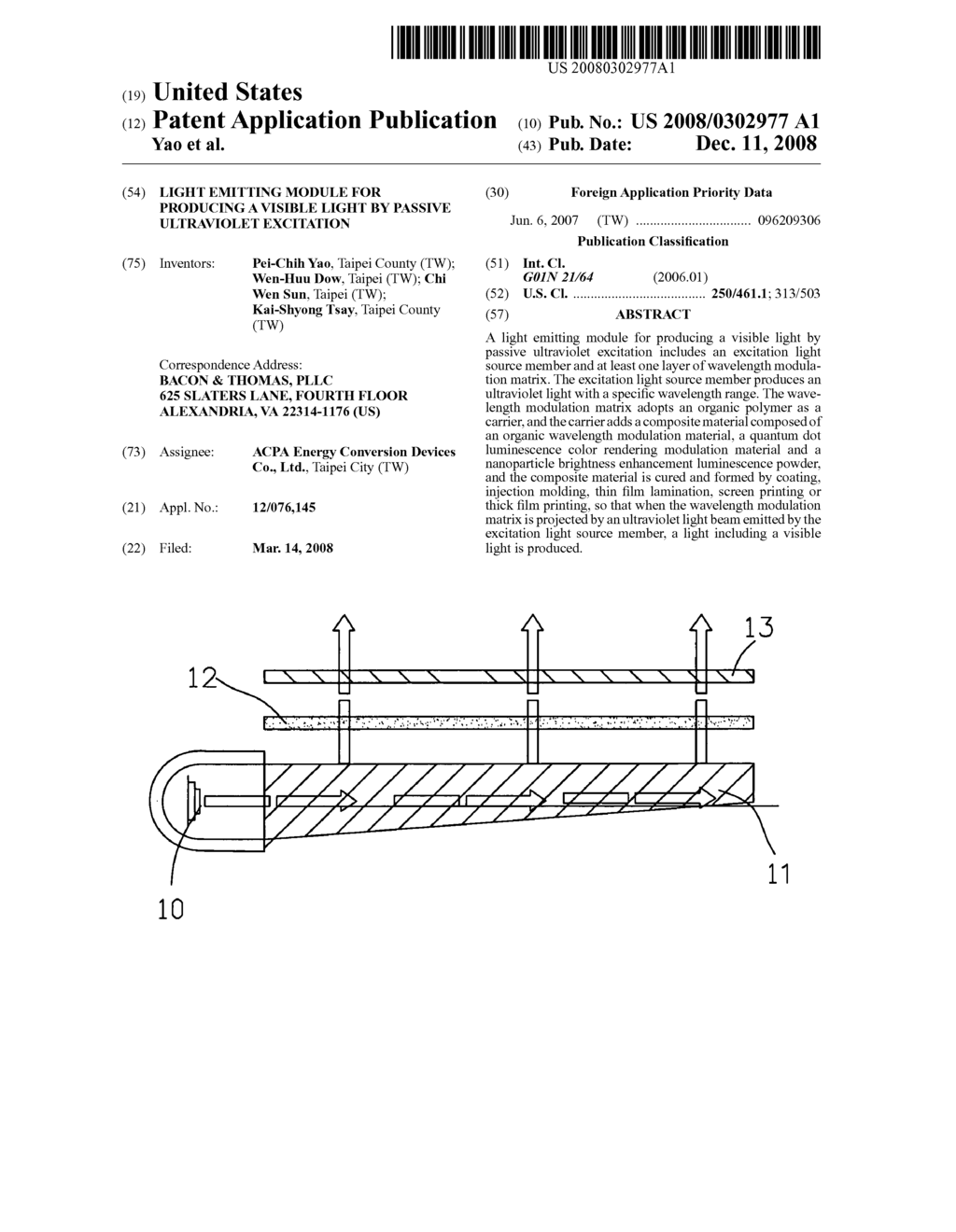 Light emitting module for producing a visible light by passive ultraviolet excitation - diagram, schematic, and image 01