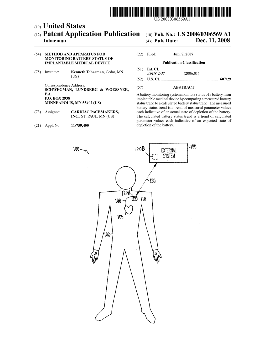 METHOD AND APPARATUS FOR MONITORING BATTERY STATUS OF IMPLANTABLE MEDICAL DEVICE - diagram, schematic, and image 01