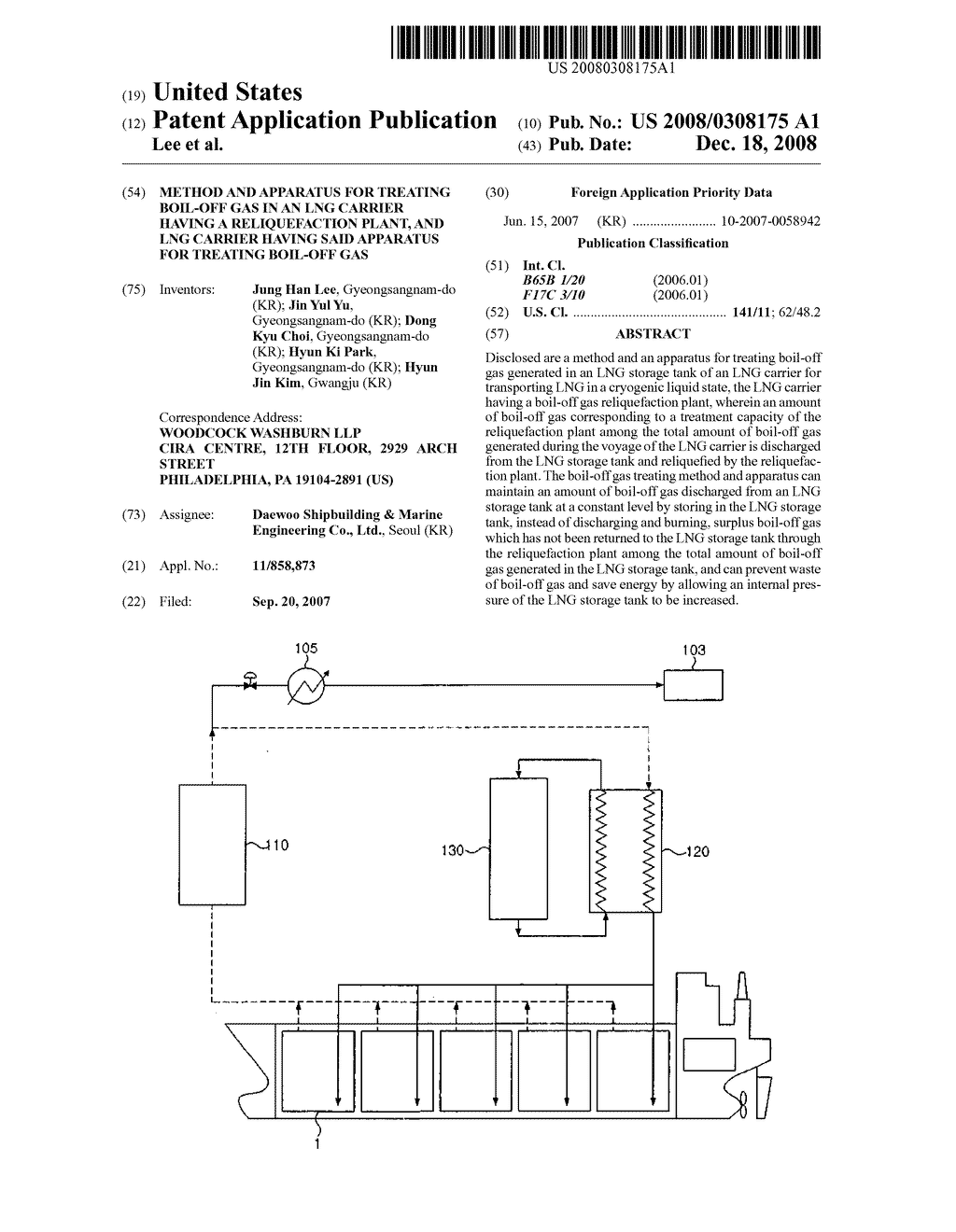 Method and Apparatus for Treating Boil-Off Gas in an LNG Carrier Having a Reliquefaction Plant, and LNG Carrier Having Said Apparatus for Treating Boil-Off Gas - diagram, schematic, and image 01