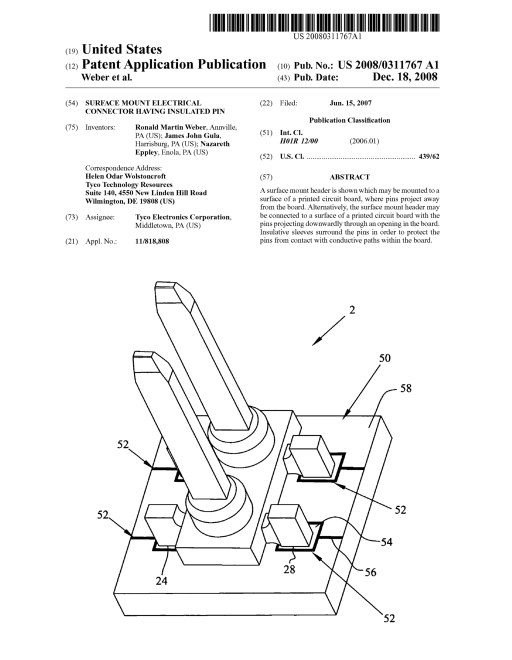 Surface mount electrical connector having insulated pin - diagram, schematic, and image 01