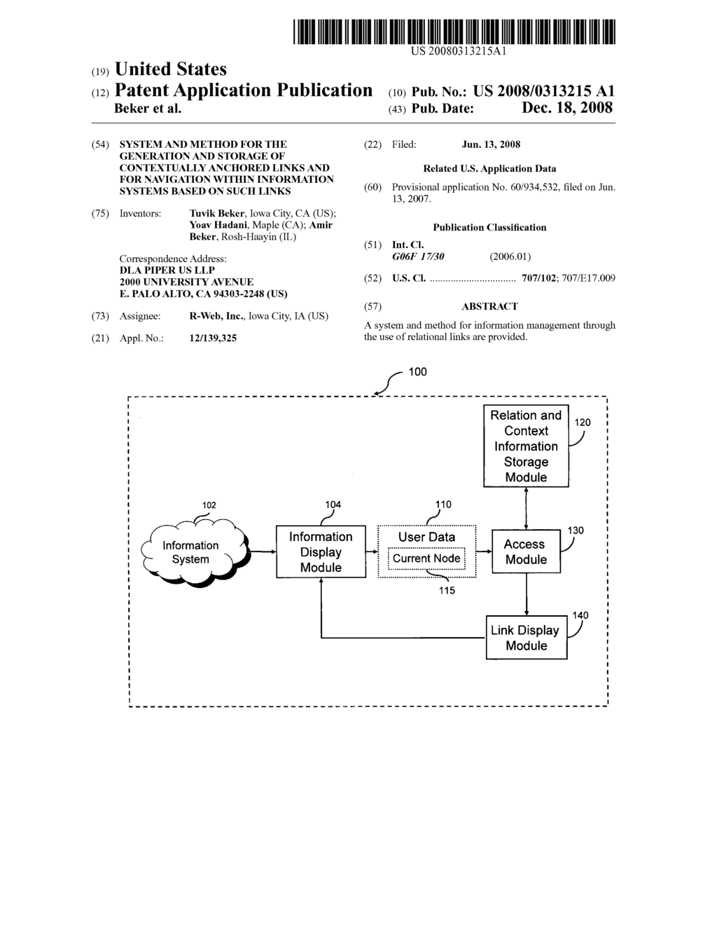 SYSTEM AND METHOD FOR THE GENERATION AND STORAGE OF CONTEXTUALLY ANCHORED LINKS AND FOR NAVIGATION WITHIN INFORMATION SYSTEMS BASED ON SUCH LINKS - diagram, schematic, and image 01