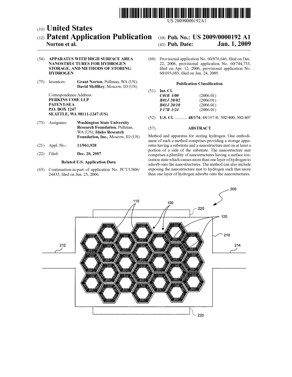 APPARATUS WITH HIGH SURFACE AREA NANOSTRUCTURES FOR HYDROGEN STORAGE, AND METHODS OF STORING HYDROGEN - diagram, schematic, and image 01