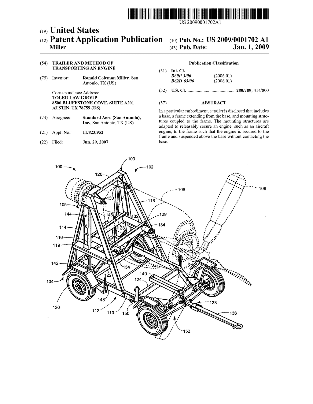 Trailer and method of transporting an engine - diagram, schematic, and image 01