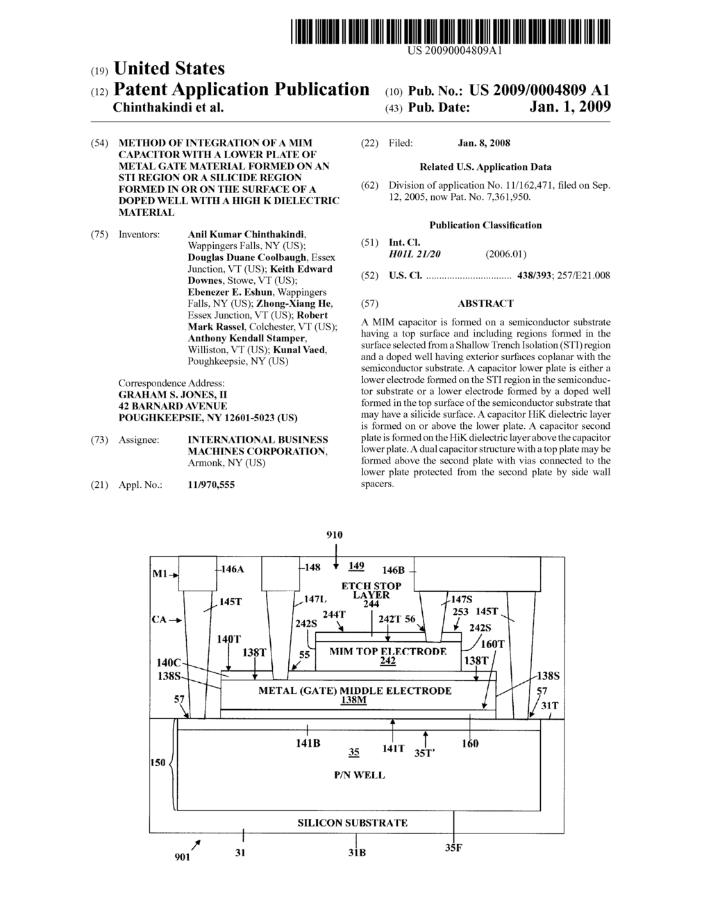 Method of Integration of a MIM Capacitor with a Lower Plate of Metal Gate Material Formed on an STI Region or a Silicide Region Formed in or on the Surface of a Doped Well with a High K Dielectric Material - diagram, schematic, and image 01