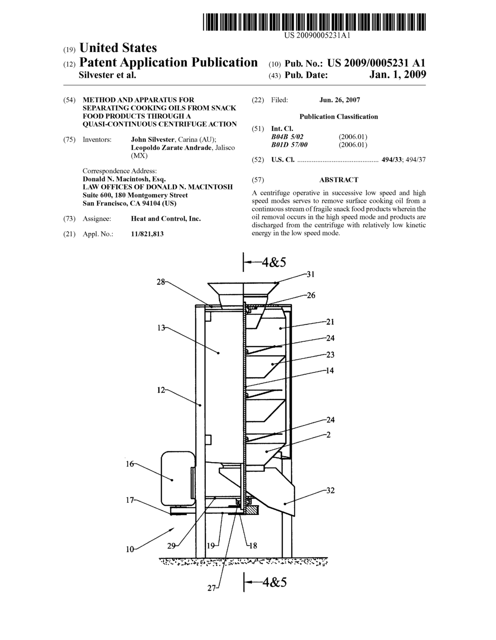 Method and apparatus for separating cooking oils from snack food products through a quasi-continuous centrifuge action - diagram, schematic, and image 01