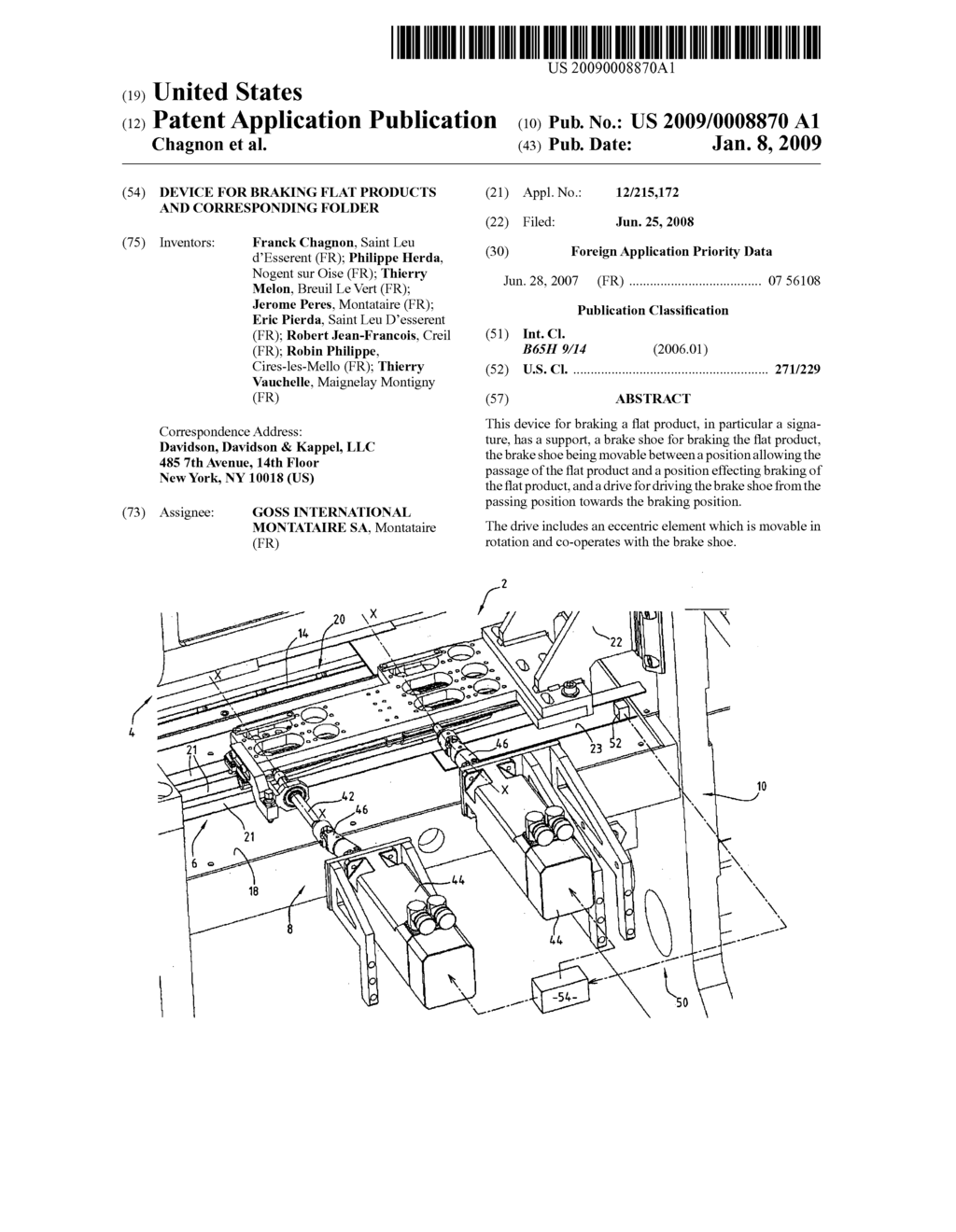 Device for braking flat products and corresponding folder - diagram, schematic, and image 01