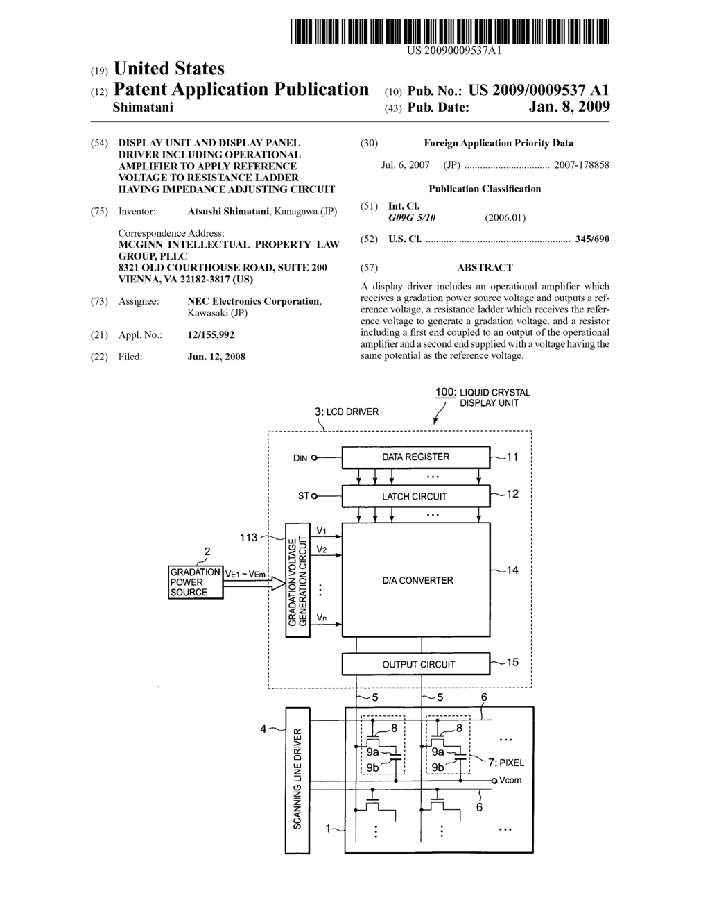 Display unit and display panel driver including operational amplifier to apply reference voltage to resistance ladder having impedance adjusting circuit - diagram, schematic, and image 01