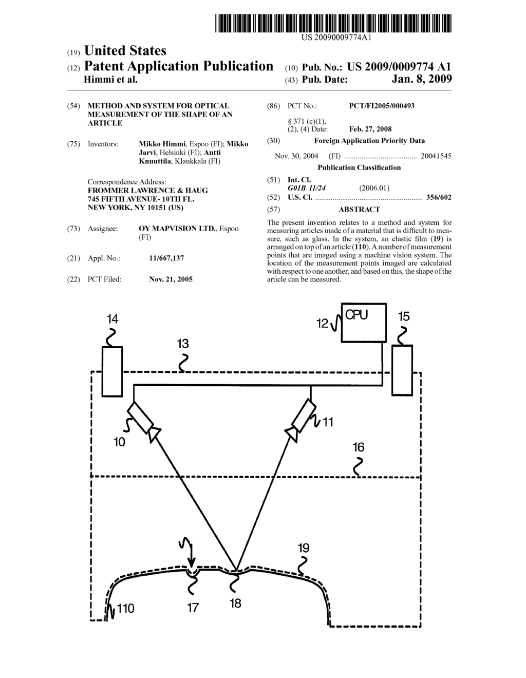 Method And System For Optical Measurement Of The Shape Of An Article - diagram, schematic, and image 01