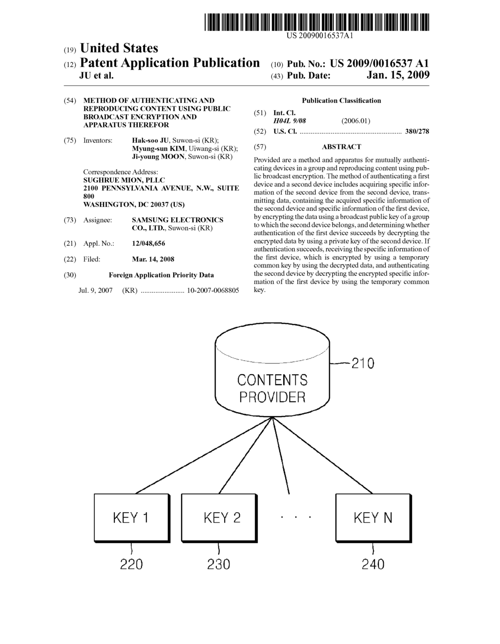 METHOD OF AUTHENTICATING AND REPRODUCING CONTENT USING PUBLIC BROADCAST ENCRYPTION AND APPARATUS THEREFOR - diagram, schematic, and image 01