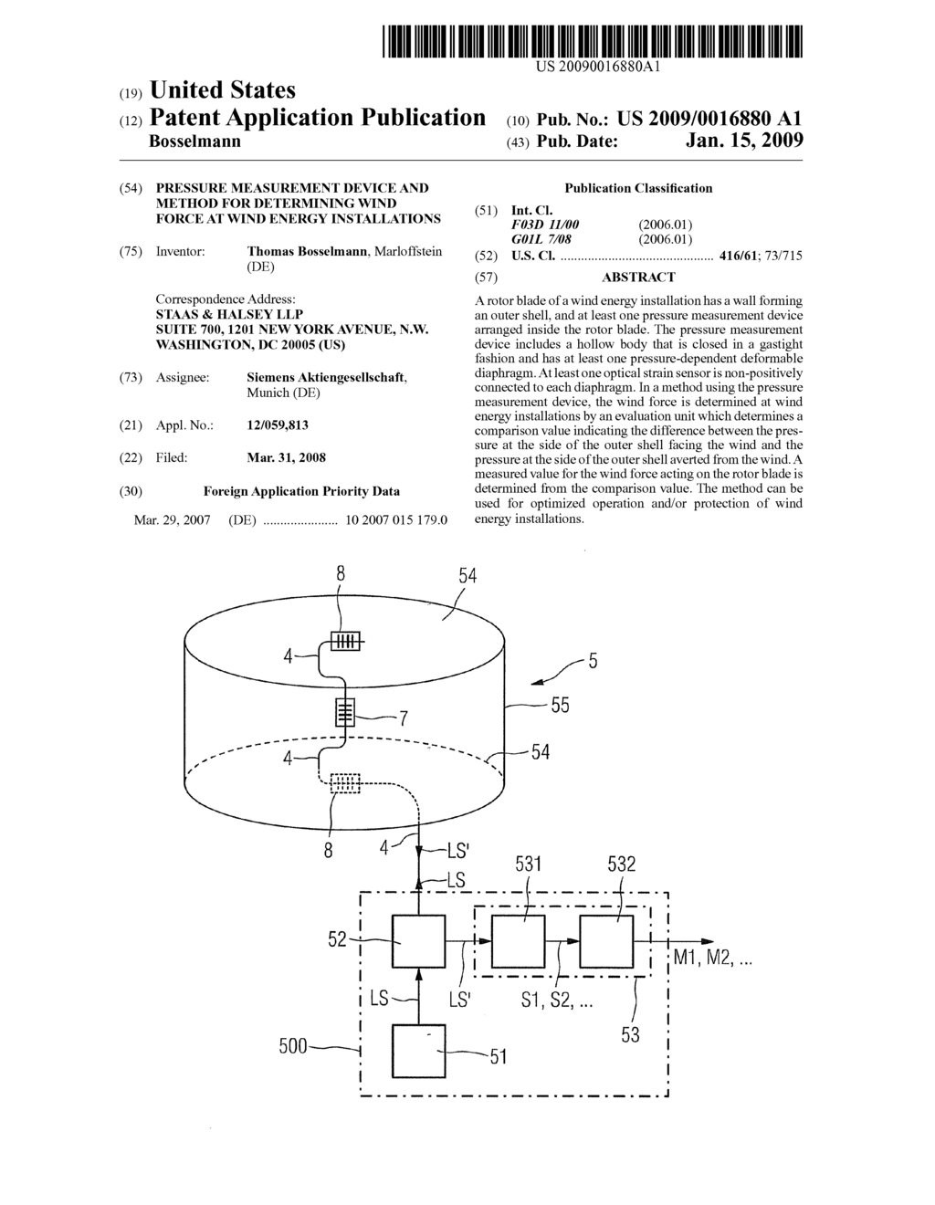 PRESSURE MEASUREMENT DEVICE AND METHOD FOR DETERMINING WIND FORCE AT WIND ENERGY INSTALLATIONS - diagram, schematic, and image 01