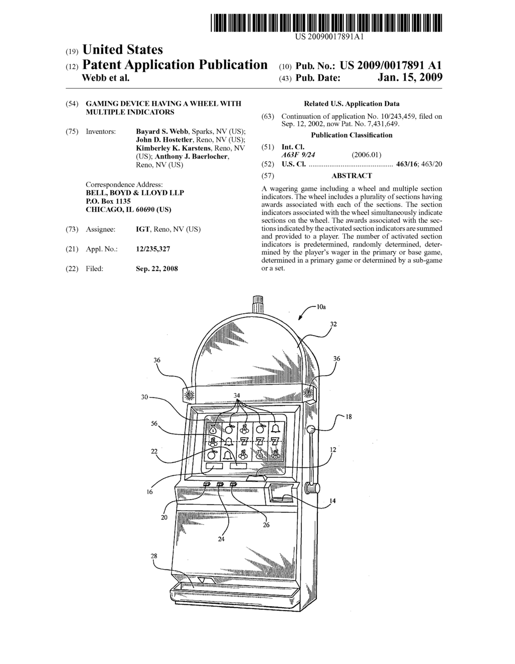 GAMING DEVICE HAVING A WHEEL WITH MULTIPLE INDICATORS - diagram, schematic, and image 01