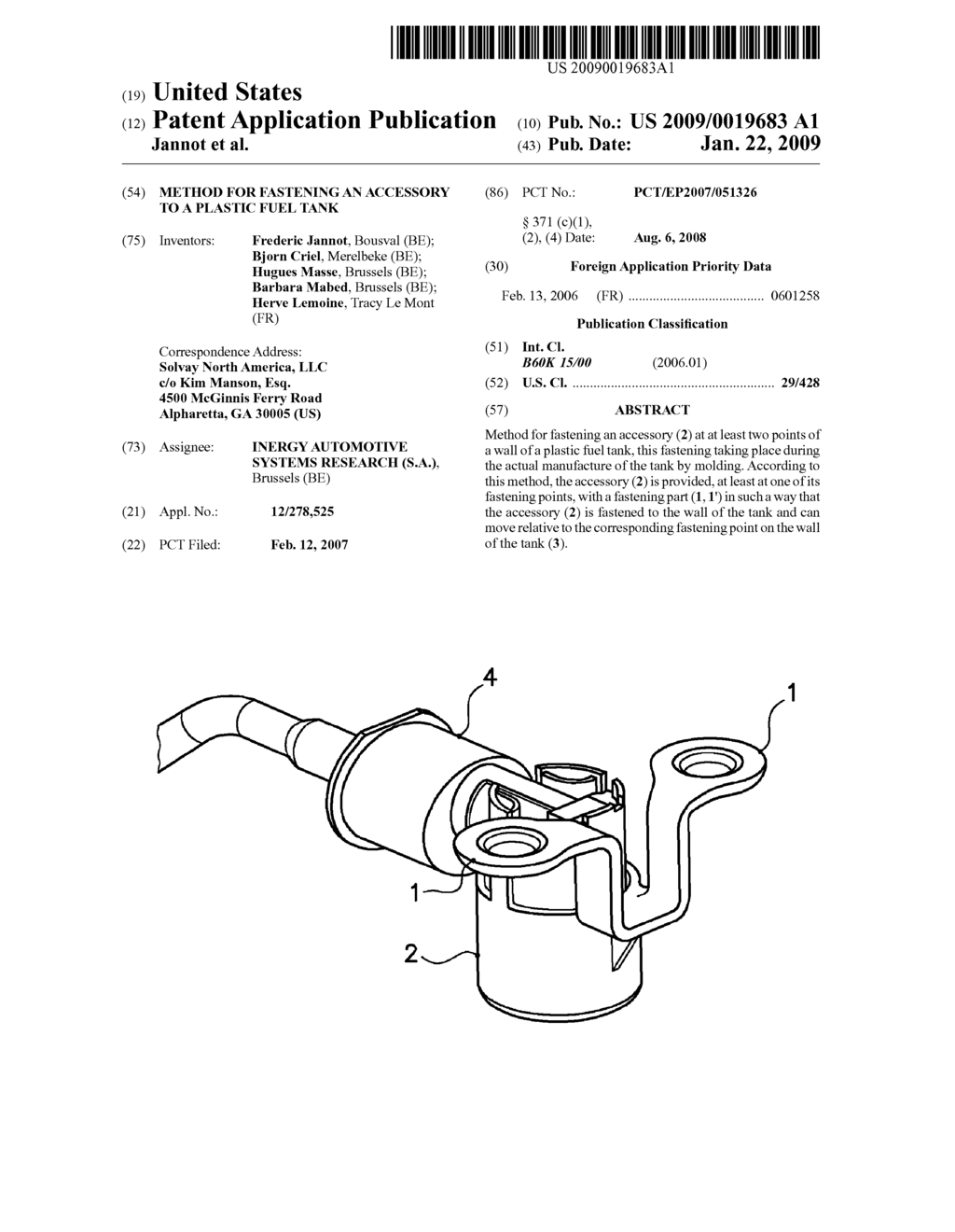 Method for fastening an accessory to a plastic fuel tank - diagram, schematic, and image 01