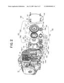 ENGINE START DEVICE FOR MANUAL WORK MACHINE, HAVING SMALL-SIZED ELECTRIC MOTOR, AND MANUAL WORK MACHINE HAVING THE START DEVICE MOUNTED THEREON diagram and image