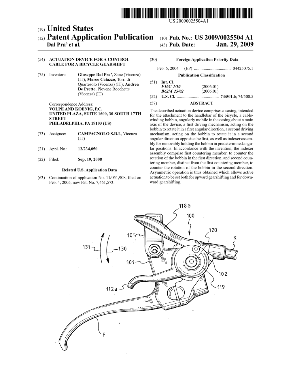 ACTUATION DEVICE FOR A CONTROL CABLE FOR A BICYCLE GEARSHIFT - diagram, schematic, and image 01