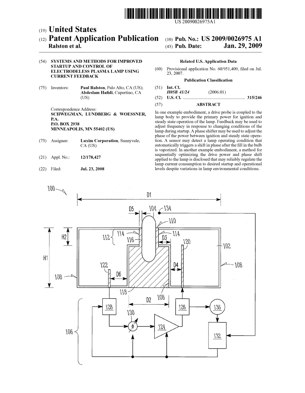 SYSTEMS AND METHODS FOR IMPROVED STARTUP AND CONTROL OF ELECTRODELESS PLASMA LAMP USING CURRENT FEEDBACK - diagram, schematic, and image 01