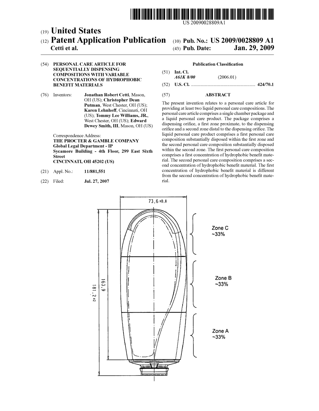 Personal care article for sequentially dispensing compositions with variable concentrations of hydrophobic benefit materials - diagram, schematic, and image 01