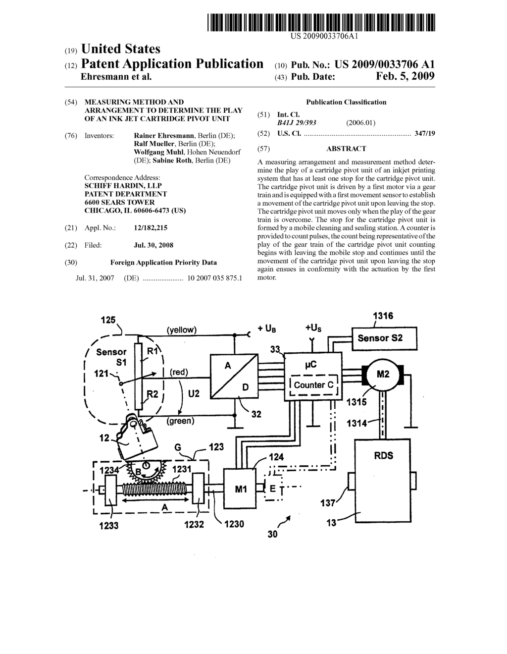 MEASURING METHOD AND ARRANGEMENT TO DETERMINE THE PLAY OF AN INK JET CARTRIDGE PIVOT UNIT - diagram, schematic, and image 01