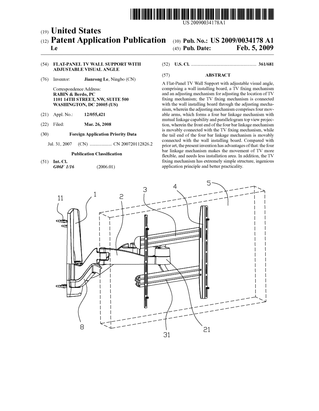 FLAT-PANEL TV WALL SUPPORT WITH ADJUSTABLE VISUAL ANGLE - diagram, schematic, and image 01