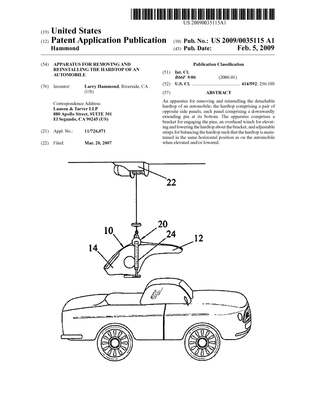 Apparatus for removing and reinstalling the hardtop of an automobile - diagram, schematic, and image 01