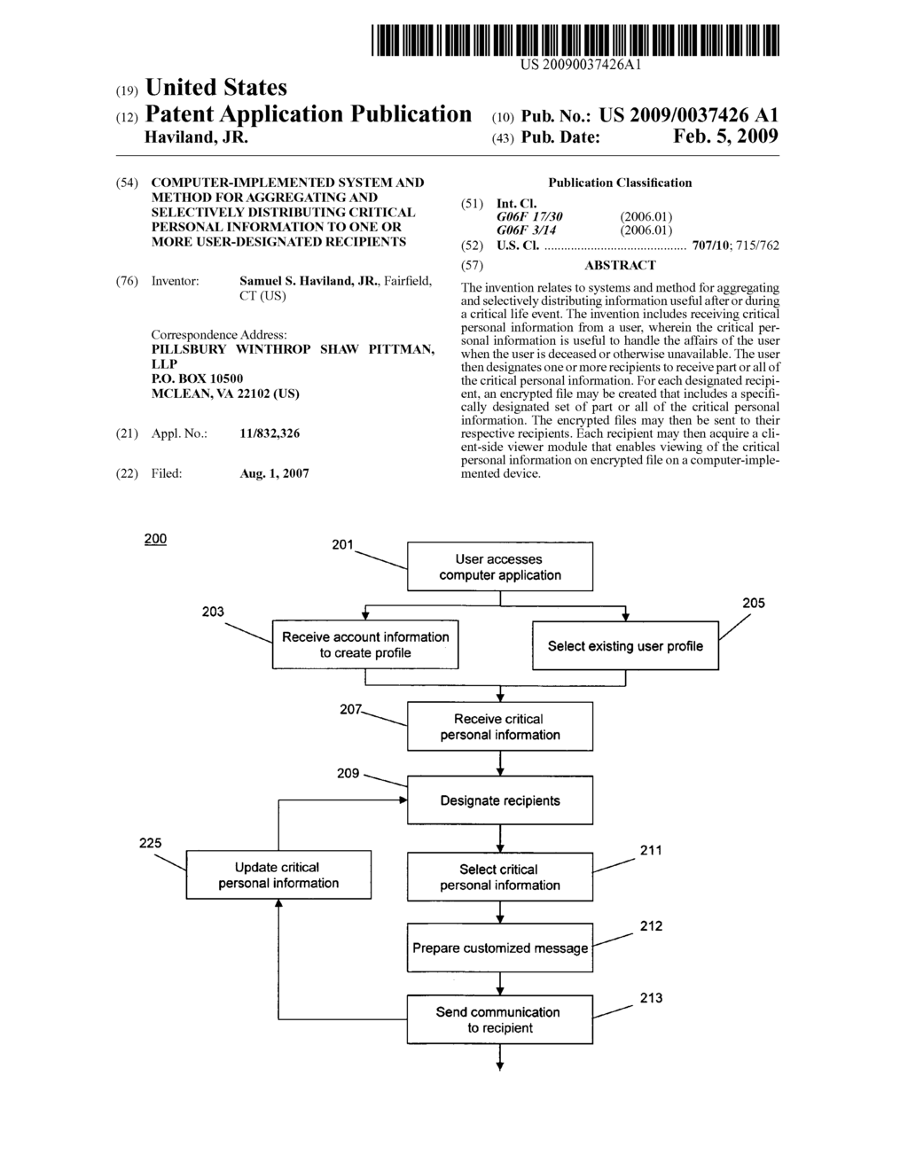 COMPUTER-IMPLEMENTED SYSTEM AND METHOD FOR AGGREGATING AND SELECTIVELY DISTRIBUTING CRITICAL PERSONAL INFORMATION TO ONE OR MORE USER-DESIGNATED RECIPIENTS - diagram, schematic, and image 01