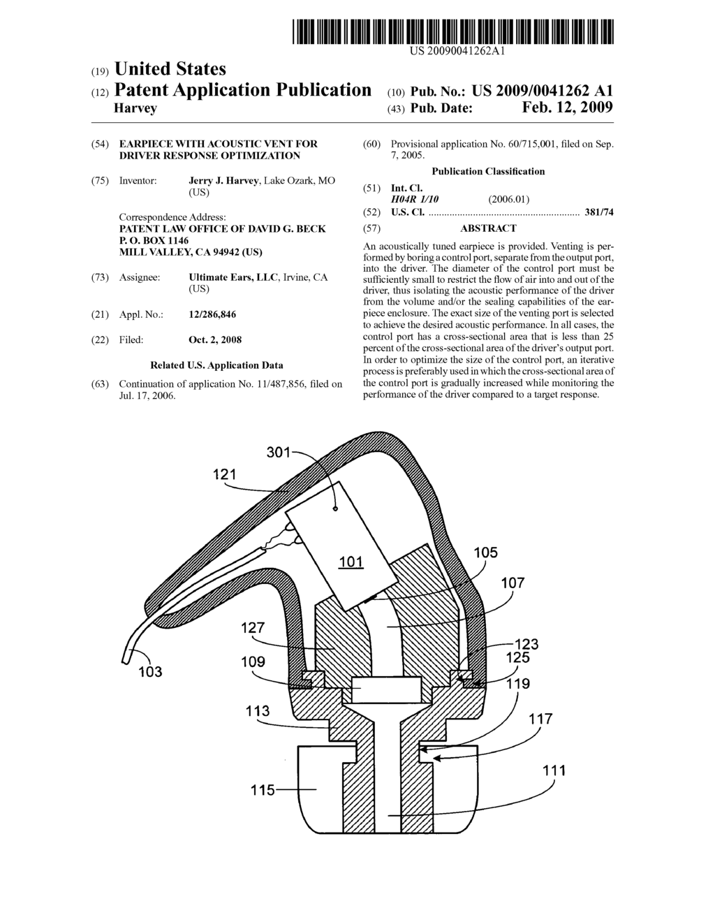 Earpiece with acoustic vent for driver response optimization - diagram, schematic, and image 01