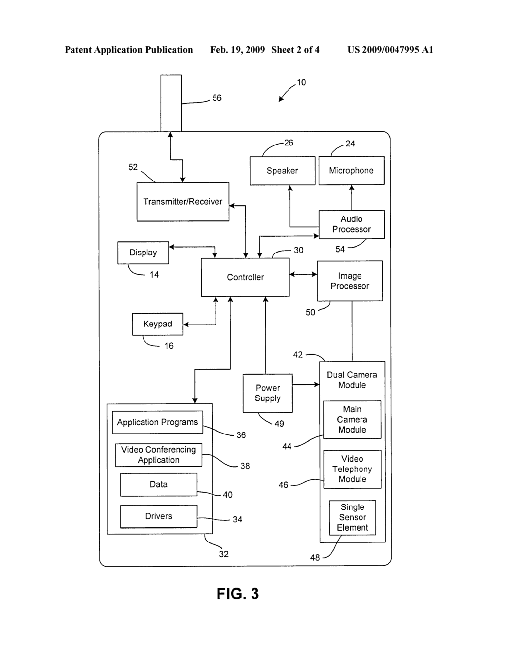 PORTABLE COMMUNICATION DEVICE HAVING A DUAL CAMERA MODULE WITH A COMMON IMAGE SENSOR ELEMENT - diagram, schematic, and image 03