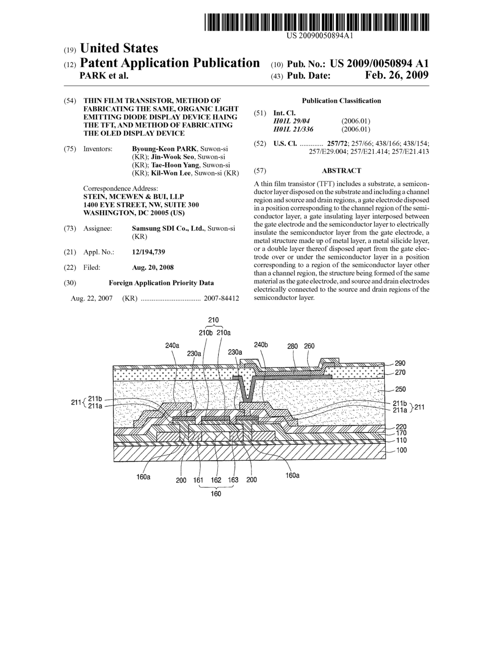 THIN FILM TRANSISTOR, METHOD OF FABRICATING THE SAME, ORGANIC LIGHT EMITTING DIODE DISPLAY DEVICE HAING THE TFT, AND METHOD OF FABRICATING THE OLED DISPLAY DEVICE - diagram, schematic, and image 01