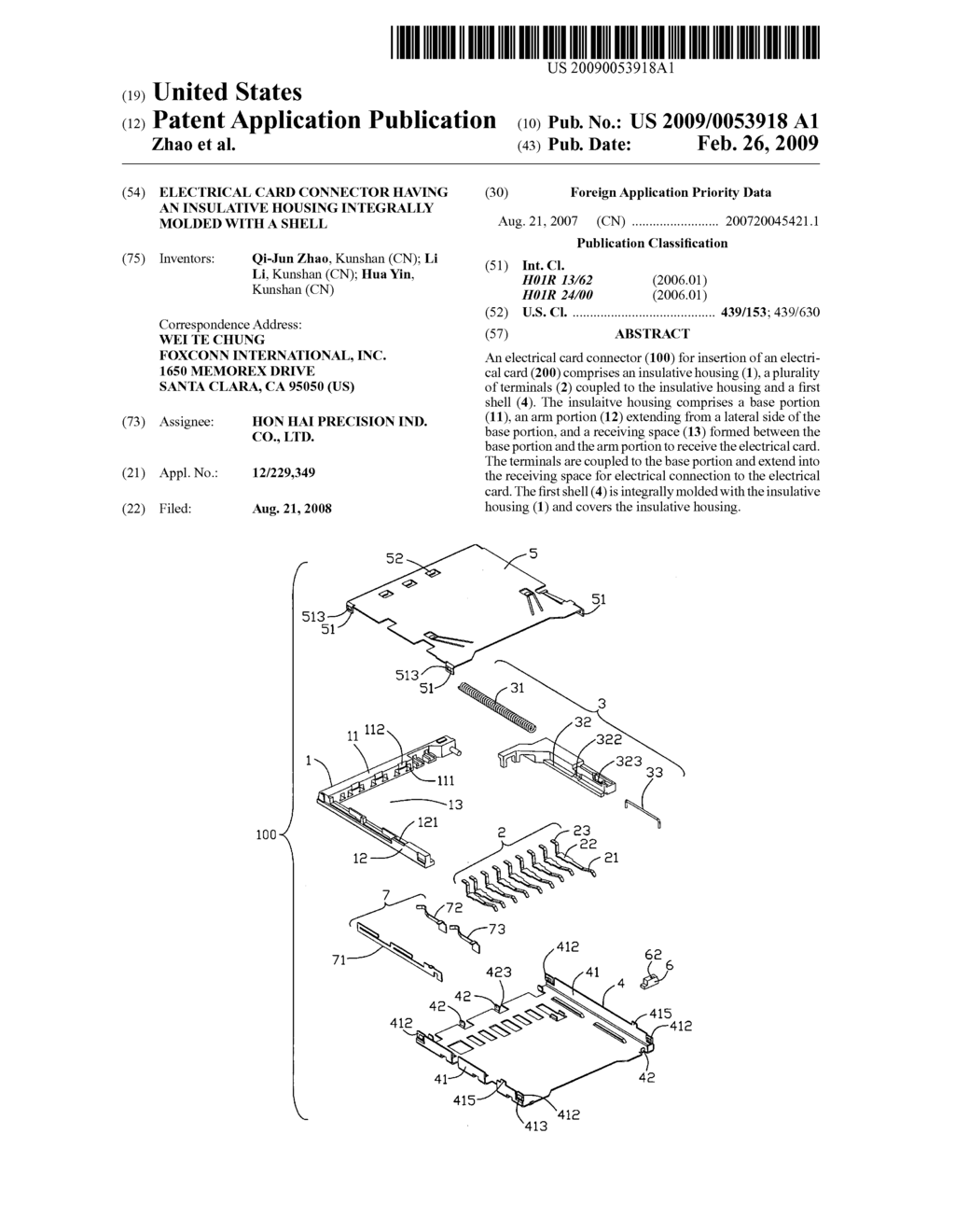 Electrical card connector having an insulative housing integrally molded with a shell - diagram, schematic, and image 01