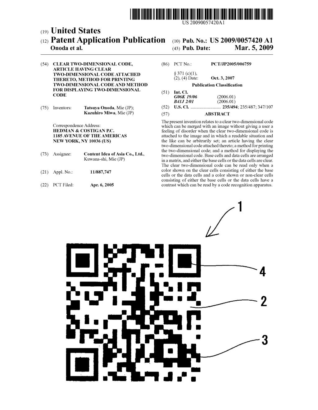 Clear Two-Dimensional Code, Article Having Clear Two-Dimensional Code Attached Thereto, Method for Printing Two-Dimensional Code and Method For Displaying Two-Dimensional Code - diagram, schematic, and image 01