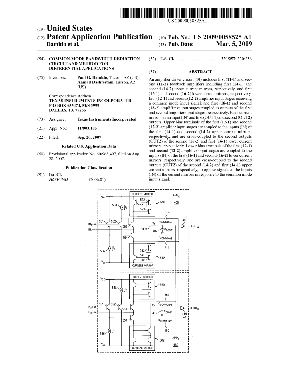 Common-mode bandwidth reduction circuit and method for differential applications - diagram, schematic, and image 01