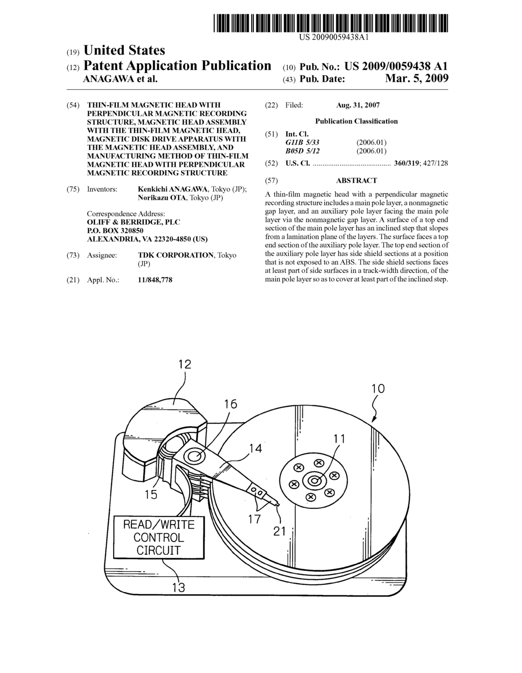 THIN-FILM MAGNETIC HEAD WITH PERPENDICULAR MAGNETIC RECORDING STRUCTURE, MAGNETIC HEAD ASSEMBLY WITH THE THIN-FILM MAGNETIC HEAD, MAGNETIC DISK DRIVE APPARATUS WITH THE MAGNETIC HEAD ASSEMBLY, AND MANUFACTURING METHOD OF THIN-FILM MAGNETIC HEAD WITH PERPENDICULAR MAGNETIC RECORDING STRUCTURE - diagram, schematic, and image 01