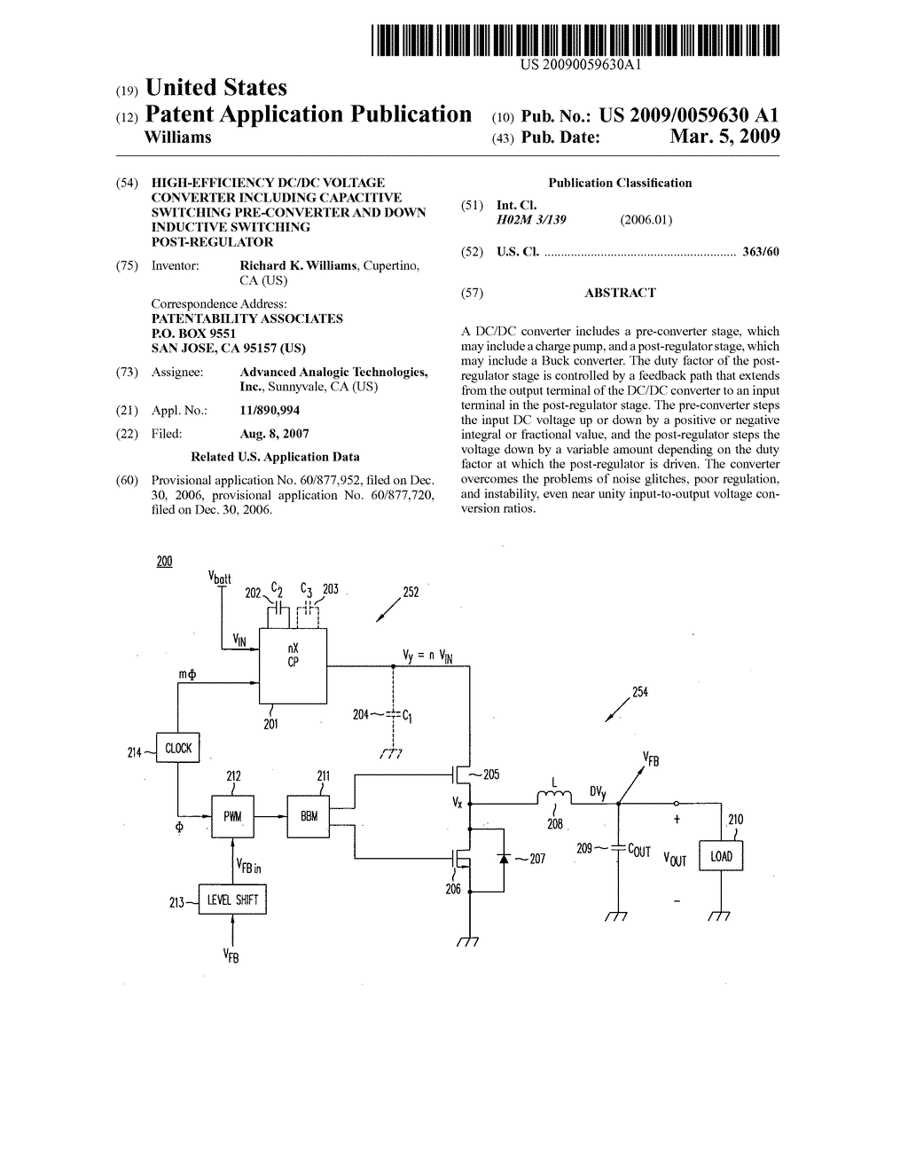 High-efficiency DC/DC voltage converter including capacitive switching pre-converter and down inductive switching post-regulator - diagram, schematic, and image 01