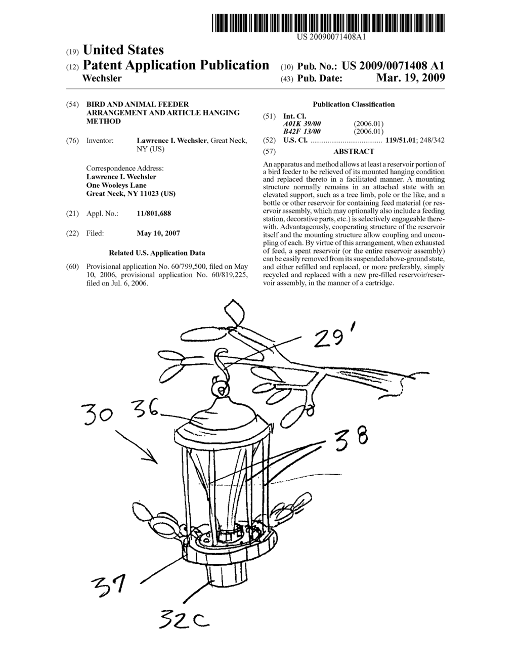 Bird and animal feeder arrangement and article hanging method - diagram, schematic, and image 01