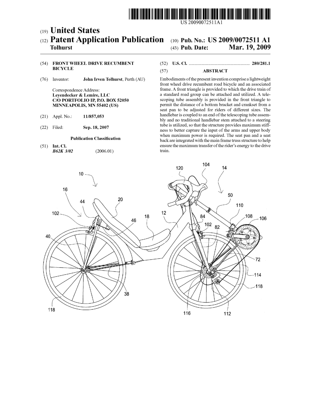 Front Wheel Drive Recumbent Bicycle - diagram, schematic, and image 01