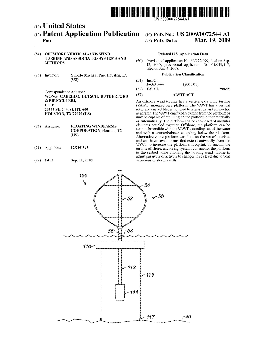 Offshore Vertical-Axis Wind Turbine and Associated Systems and Methods - diagram, schematic, and image 01