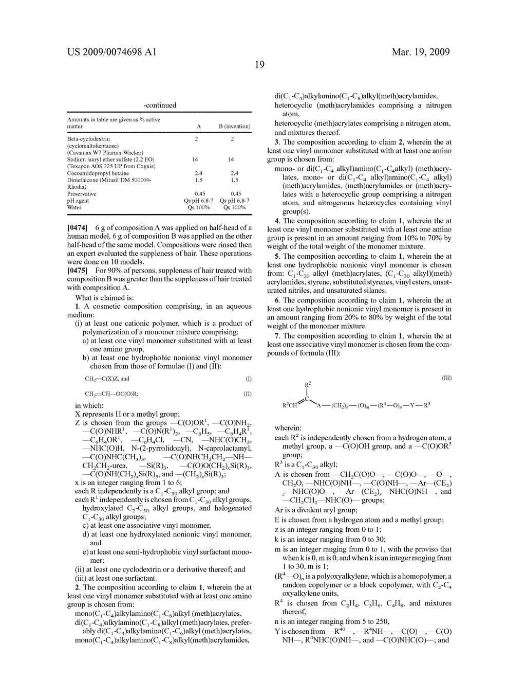 COSMETIC COMPOSITIONS CONTAINING AT LEAST ONE CATIONIC COPOLYMER, AT LEAST ONE CYCLODEXTRIN AND AT LEAST ONE SURFACTANT, AND USES THEREOF - diagram, schematic, and image 20