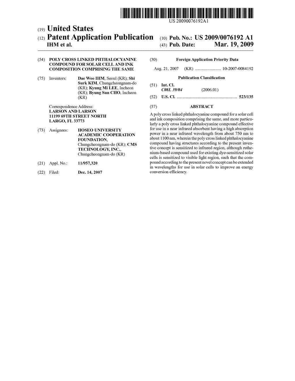 POLY CROSS LINKED PHTHALOCYANINE COMPOUND FOR SOLAR CELL AND INK COMPOSITION COMPRISING THE SAME - diagram, schematic, and image 01