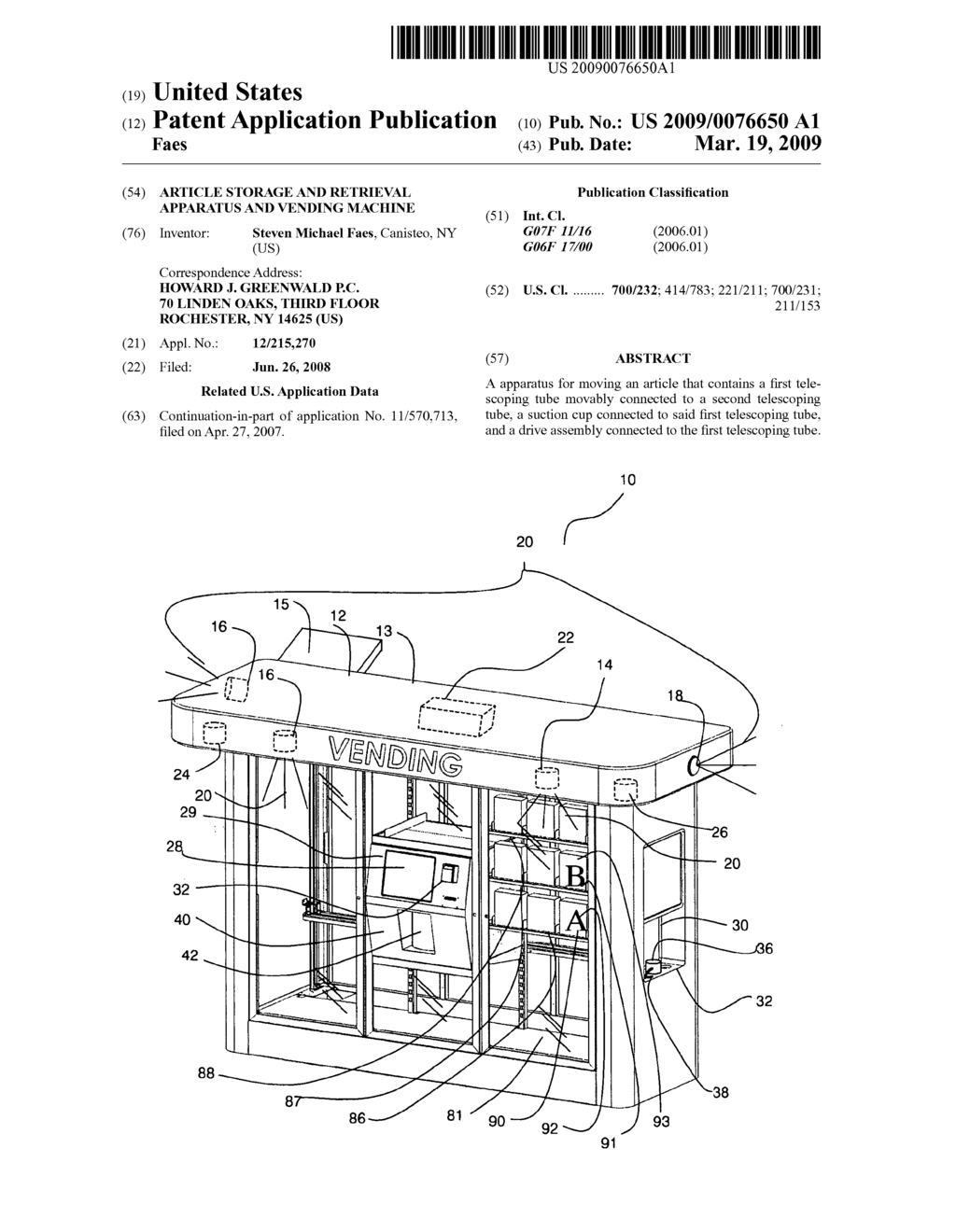 Article storage and retrieval apparatus and vending machine - diagram, schematic, and image 01