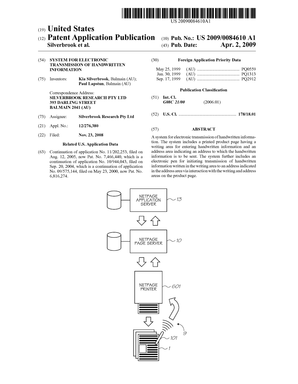 SYSTEM FOR ELECTRONIC TRANSMISSION OF HANDWRITTEN INFORMATION - diagram, schematic, and image 01