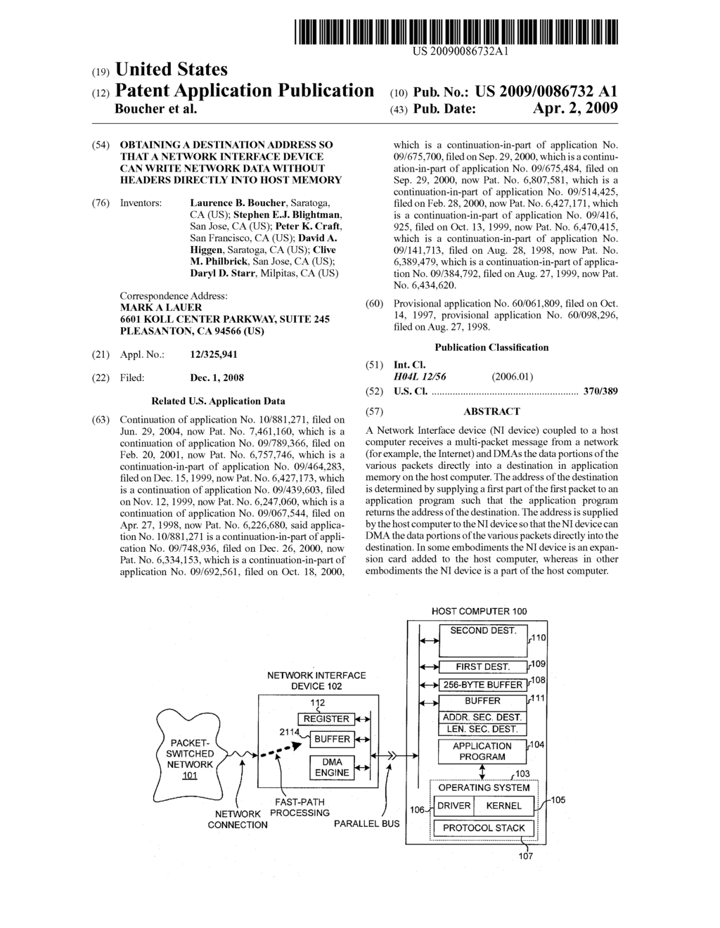 OBTAINING A DESTINATION ADDRESS SO THAT A NETWORK INTERFACE DEVICE CAN WRITE NETWORK DATA WITHOUT HEADERS DIRECTLY INTO HOST MEMORY - diagram, schematic, and image 01