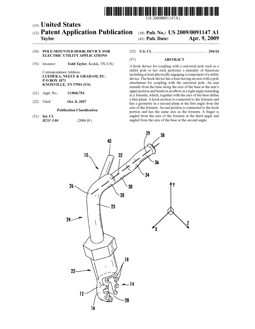 POLE-MOUNTED HOOK DEVICE FOR ELECTRIC UTILITY APPLICATIONS - diagram, schematic, and image 01