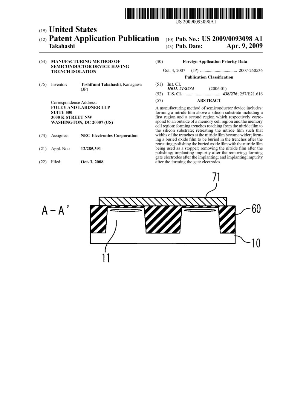 Manufacturing method of semiconductor device having trench isolation - diagram, schematic, and image 01