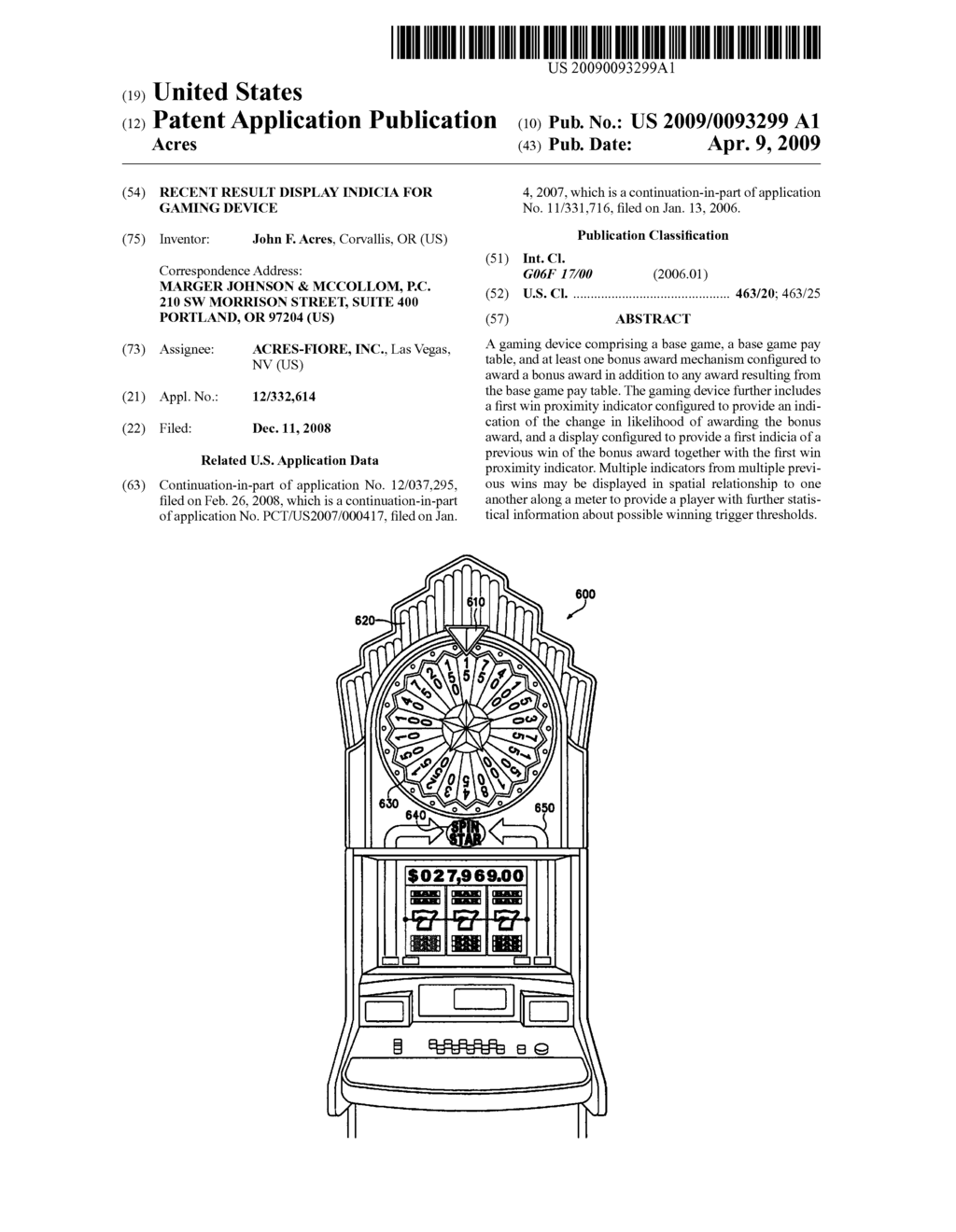 RECENT RESULT DISPLAY INDICIA FOR GAMING DEVICE - diagram, schematic, and image 01