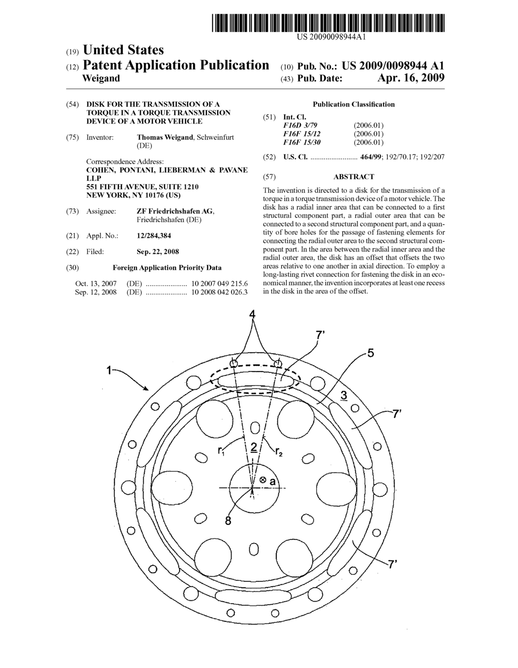 Disk for the transmission of a torque in a torque transmission device of a motor vehicle - diagram, schematic, and image 01