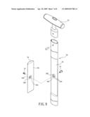 Retractable single luggage handle with arrangement for holding an auxiliary piece of luggage on top of a main piece of luggage by turning into a cross support diagram and image