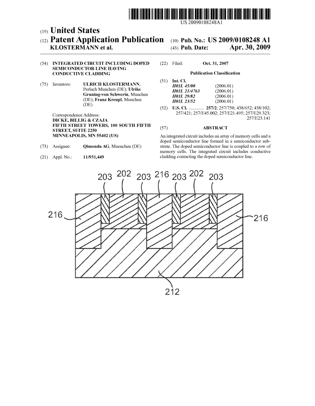 INTEGRATED CIRCUIT INCLUDING DOPED SEMICONDUCTOR LINE HAVING CONDUCTIVE CLADDING - diagram, schematic, and image 01