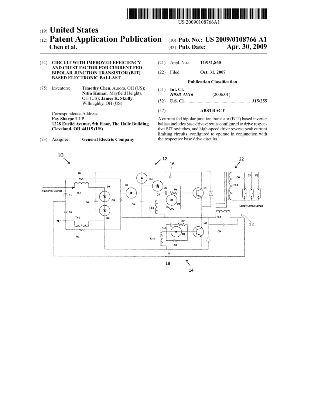 CIRCUIT WITH IMPROVED EFFICIENCY AND CREST FACTOR FOR CURRENT FED BIPOLAR JUNCTION TRANSISTOR (BJT) BASED ELECTRONIC BALLAST - diagram, schematic, and image 01