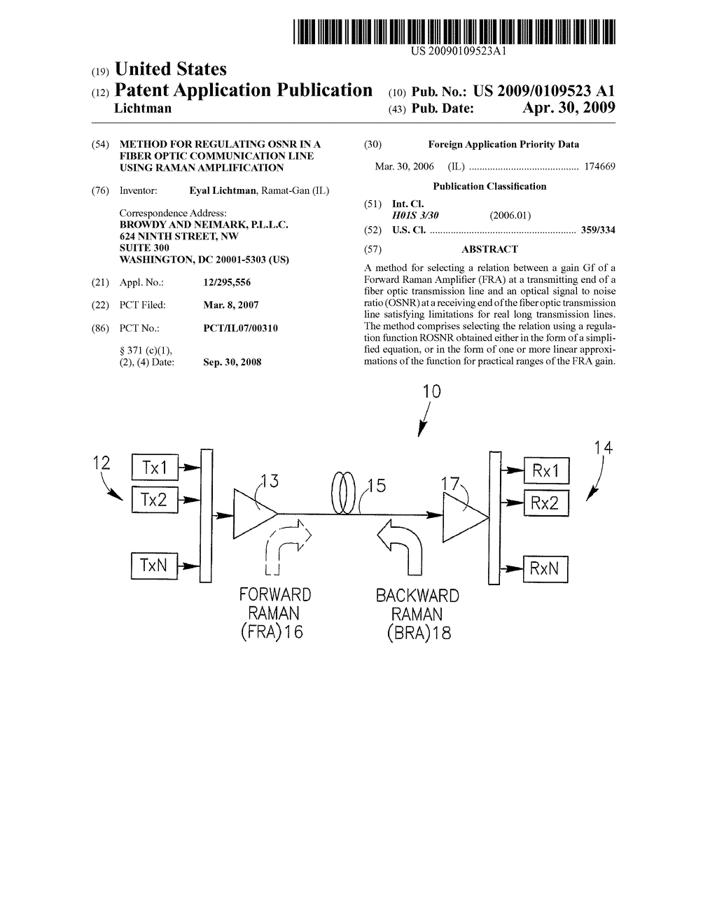 METHOD FOR REGULATING OSNR IN A FIBER OPTIC COMMUNICATION LINE USING RAMAN AMPLIFICATION - diagram, schematic, and image 01