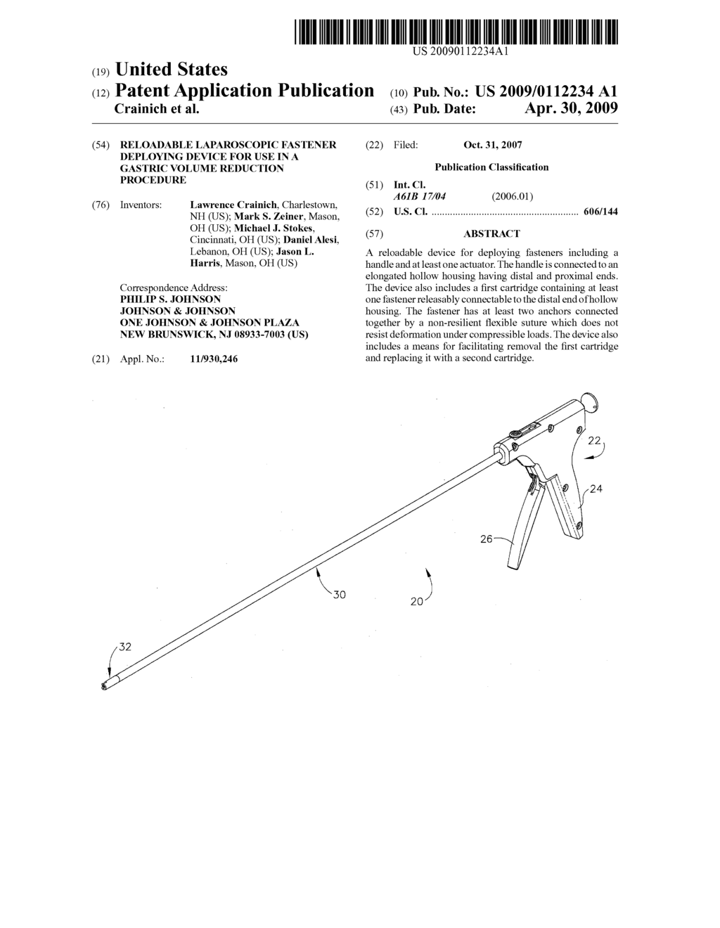 RELOADABLE LAPAROSCOPIC FASTENER DEPLOYING DEVICE FOR USE IN A GASTRIC VOLUME REDUCTION PROCEDURE - diagram, schematic, and image 01