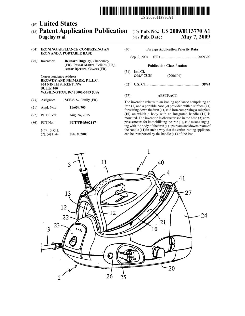 Ironing Appliance Comprising an Iron and a Portable Base - diagram, schematic, and image 01